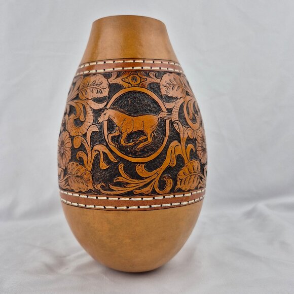 Hand Carved and Painted Gourd with Horse and Floral Motif - Picture 1 of 16